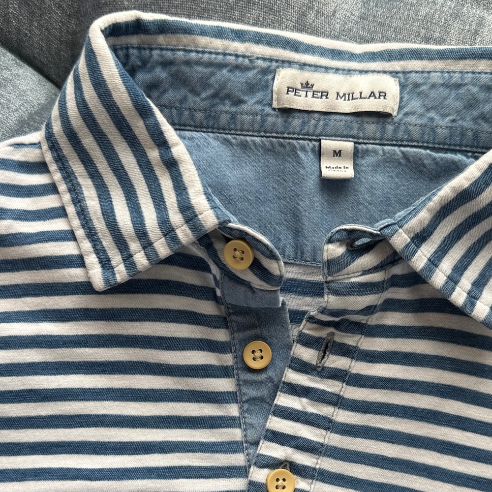 Peter Millar Casual Blue and White Striped Polo 100% cotton golf medium M